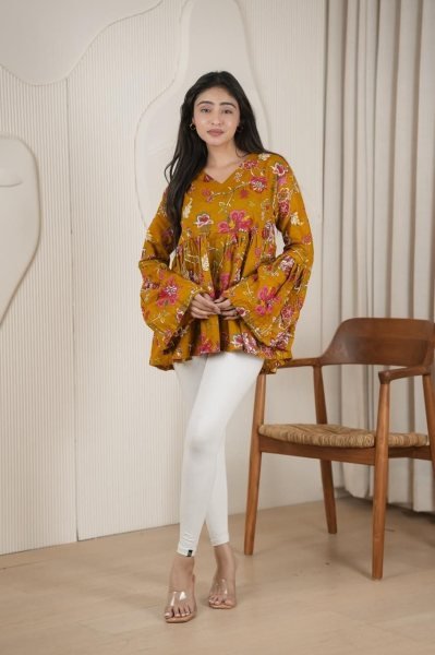 Artistic Musted Yellow Cotton Top with Heavy Mirror Khatli Work Tunics kurti