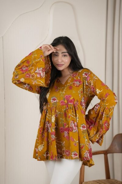 Artistic Musted Yellow Cotton Top with Heavy Mirror Khatli Work Tunics kurti