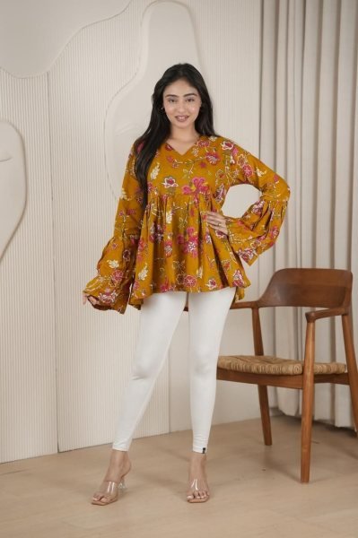 Artistic Musted Yellow Cotton Top with Heavy Mirror Khatli Work Tunics kurti