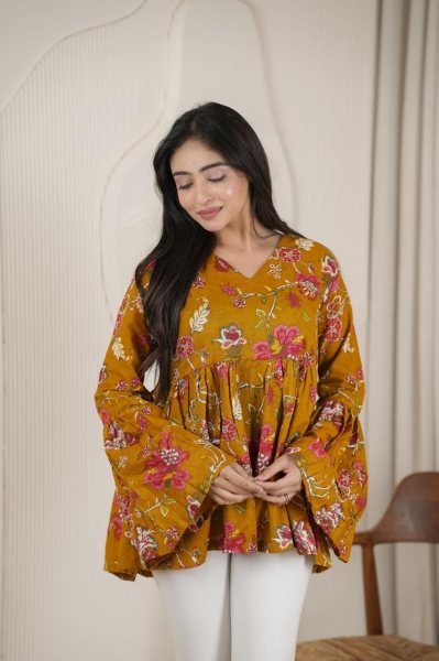 Artistic Musted Yellow Cotton Top with Heavy Mirror Khatli Work Tunics kurti