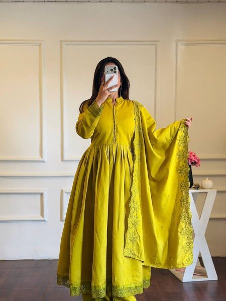 Artistic Mustered Yellow Heavy Roman Silk Embroidered Gown Set for Weddings and Festive Wear Ready To Wear Suit