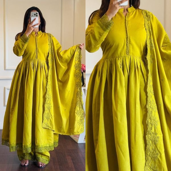 Artistic Mustered Yellow Heavy Roman Silk Embroidered Gown Set for Weddings and Festive Wear Ready To Wear Collection