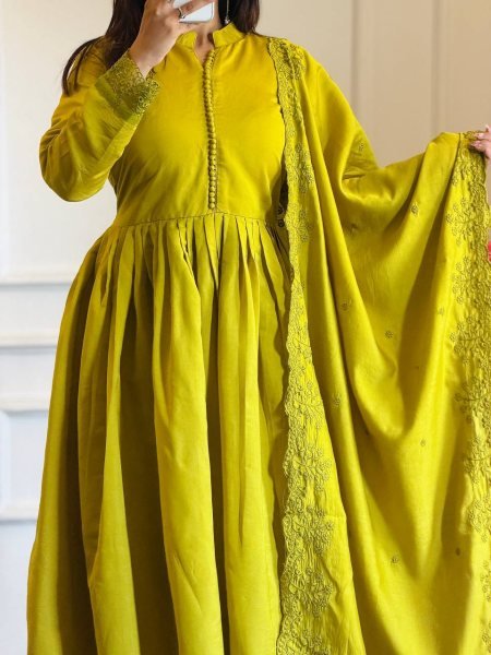 Artistic Mustered Yellow Heavy Roman Silk Embroidered Gown Set for Weddings and Festive Wear Ready To Wear Collection