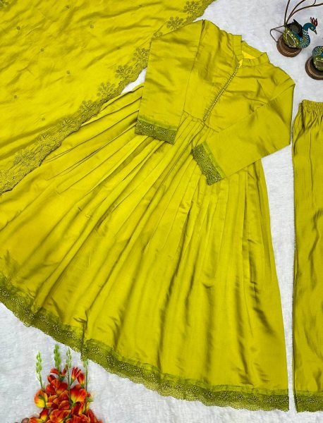 Artistic Mustered Yellow Heavy Roman Silk Embroidered Gown Set for Weddings and Festive Wear Ready To Wear Collection