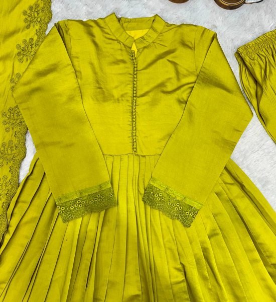 Artistic Mustered Yellow Heavy Roman Silk Embroidered Gown Set for Weddings and Festive Wear Ready To Wear Collection