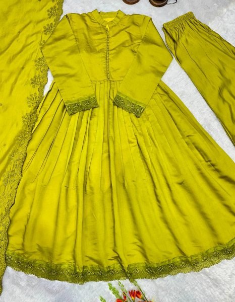 Artistic Mustered Yellow Heavy Roman Silk Embroidered Gown Set for Weddings and Festive Wear Ready To Wear Collection