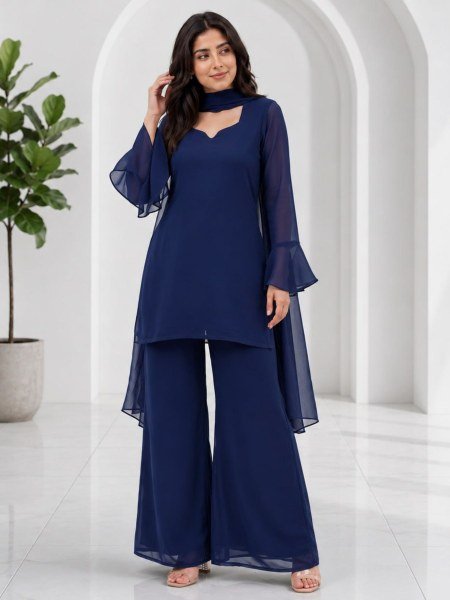 Artistic Navy Blue Soft Georgette 90s Style Palazzo Dress Set with Dupatta for Women