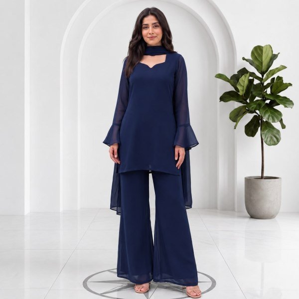 Artistic Navy Blue Soft Georgette 90s Style Palazzo Dress Set with Dupatta for Women Full Set Kurti