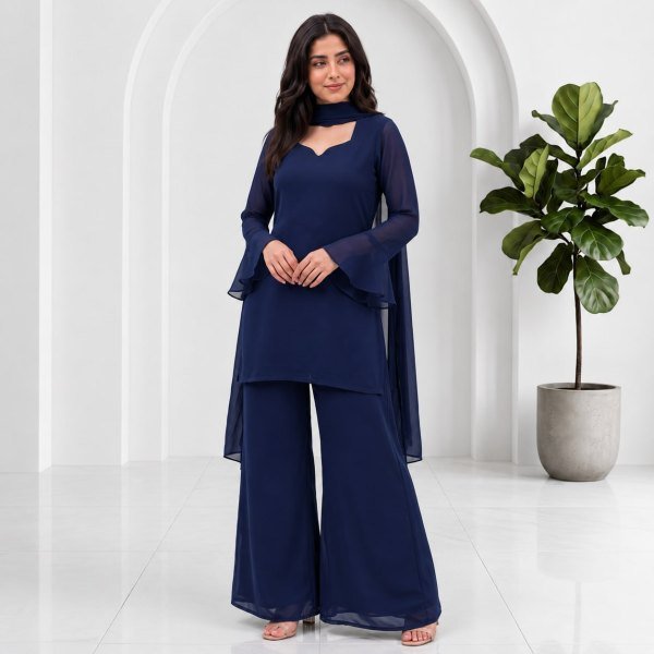 Artistic Navy Blue Soft Georgette 90s Style Palazzo Dress Set with Dupatta for Women Full Set Kurti