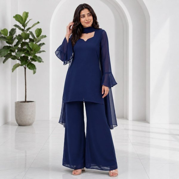 Artistic Navy Blue Soft Georgette 90s Style Palazzo Dress Set with Dupatta for Women Full Set Kurti