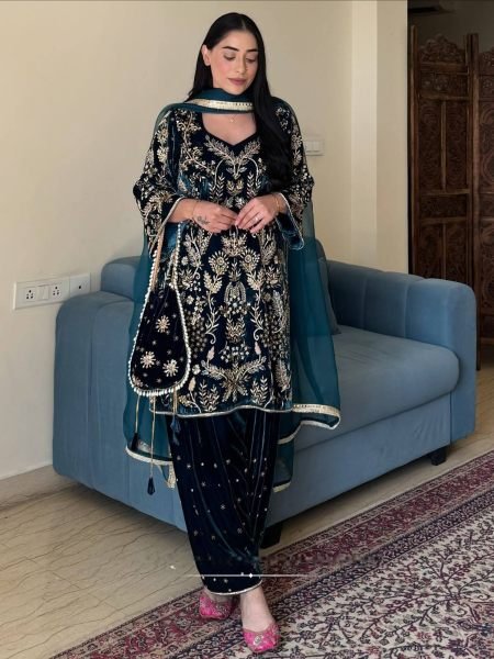 Artistic Navy Blue Velvet Embroidered Kurti with Matching Palazzo and Dupatta at Manufacturer  