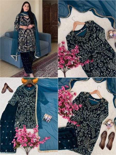Artistic Navy Blue Velvet Embroidered Kurti with Matching Palazzo and Dupatta at Manufacturer  Ready To Wear Collection