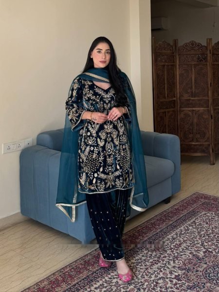 Artistic Navy Blue Velvet Embroidered Kurti with Matching Palazzo and Dupatta at Manufacturer  Ready To Wear Collection
