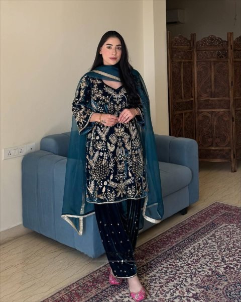 Artistic Navy Blue Velvet Embroidered Kurti with Matching Palazzo and Dupatta at Manufacturer  Ready To Wear Collection