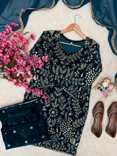 Artistic Navy Blue Velvet Embroidered Kurti with Matching Palazzo and Dupatta at Manufacturer  Ready To Wear Collection