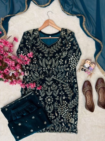 Artistic Navy Blue Velvet Embroidered Kurti with Matching Palazzo and Dupatta at Manufacturer  Ready To Wear Collection