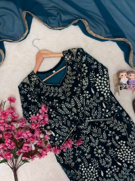 Artistic Navy Blue Velvet Embroidered Kurti with Matching Palazzo and Dupatta at Manufacturer  Ready To Wear Collection