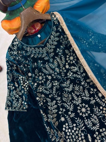 Artistic Navy Blue Velvet Embroidered Kurti with Matching Palazzo and Dupatta at Manufacturer  Ready To Wear Collection