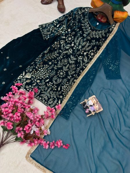 Artistic Navy Blue Velvet Embroidered Kurti with Matching Palazzo and Dupatta at Manufacturer  Ready To Wear Collection