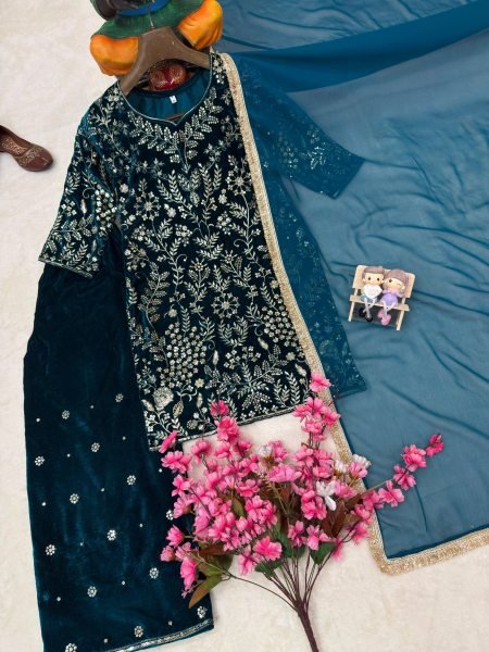Artistic Navy Blue Velvet Embroidered Kurti with Matching Palazzo and Dupatta at Manufacturer  Ready To Wear Collection