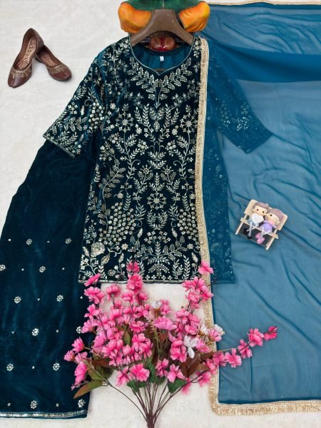 Artistic Navy Blue Velvet Embroidered Kurti with Matching Palazzo and Dupatta at Manufacturer  Ready To Wear Collection
