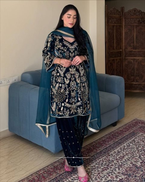 Artistic Navy Blue Velvet Embroidered Kurti with Matching Palazzo and Dupatta at Manufacturer  Ready To Wear Collection