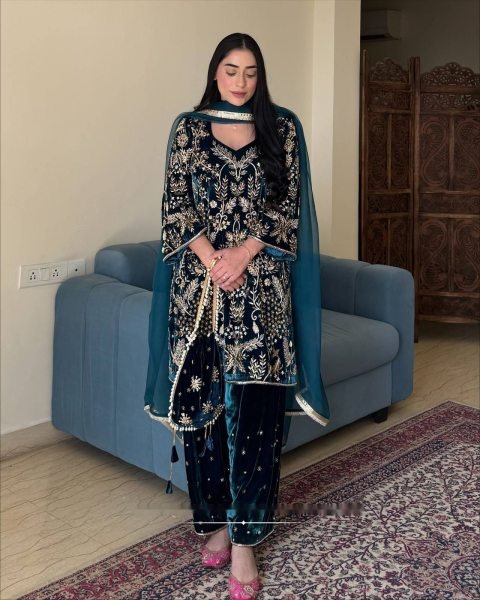 Artistic Navy Blue Velvet Embroidered Kurti with Matching Palazzo and Dupatta at Manufacturer  Ready To Wear Collection