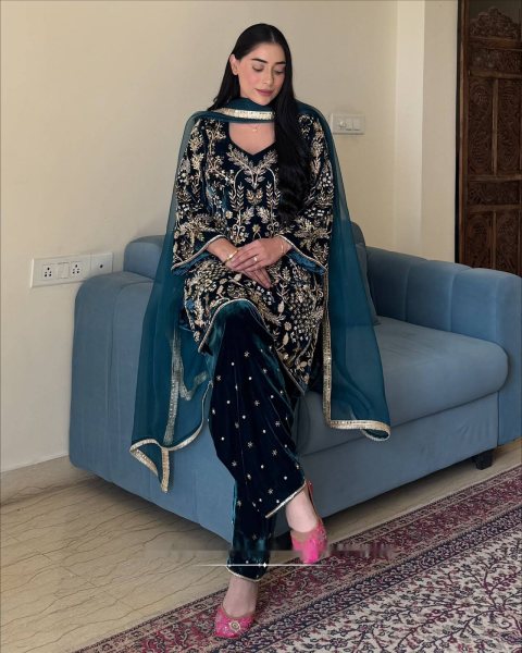 Artistic Navy Blue Velvet Embroidered Kurti with Matching Palazzo and Dupatta at Manufacturer  Ready To Wear Collection