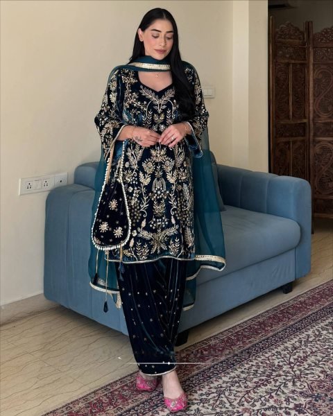 Artistic Navy Blue Velvet Embroidered Kurti with Matching Palazzo and Dupatta at Manufacturer  Ready To Wear Collection