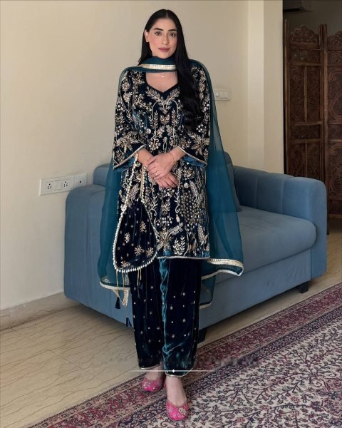 Artistic Navy Blue Velvet Embroidered Kurti with Matching Palazzo and Dupatta at Manufacturer  Ready To Wear Collection
