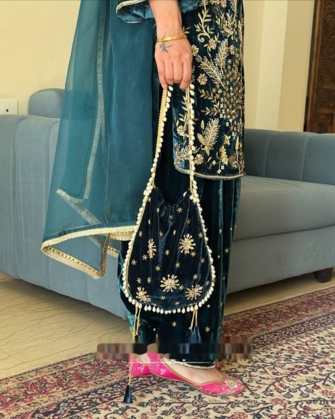 Artistic Navy Blue Velvet Embroidered Kurti with Matching Palazzo and Dupatta at Manufacturer  Ready To Wear Collection