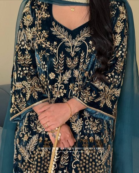 Artistic Navy Blue Velvet Embroidered Kurti with Matching Palazzo and Dupatta at Manufacturer  Ready To Wear Collection