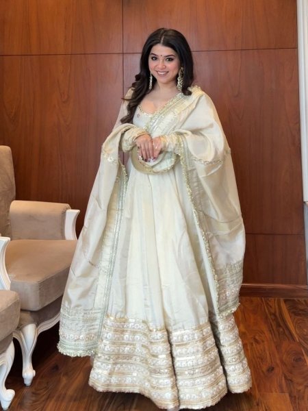 Artistic Off White Chinon Silk Anarkali Suit with Zari Sequins Work for Wedding Wear 