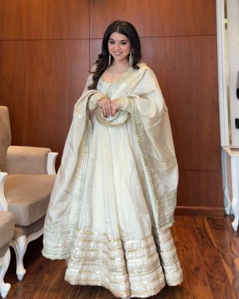 Artistic Off White Chinon Silk Anarkali Suit with Zari Sequins Work for Wedding Wear Ready To Wear Collection