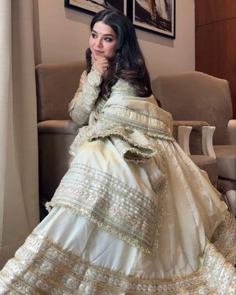 Artistic Off White Chinon Silk Anarkali Suit with Zari Sequins Work for Wedding Wear Ready To Wear Collection
