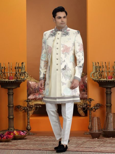 Artistic Off White Elegant Party Wear Suit Set with Designer Button Work Detailing 