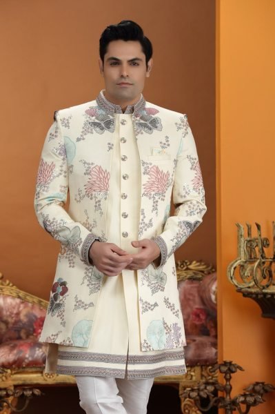 Artistic Off White Elegant Party Wear Suit Set with Designer Button Work Detailing Kurta Pajama Wholesale