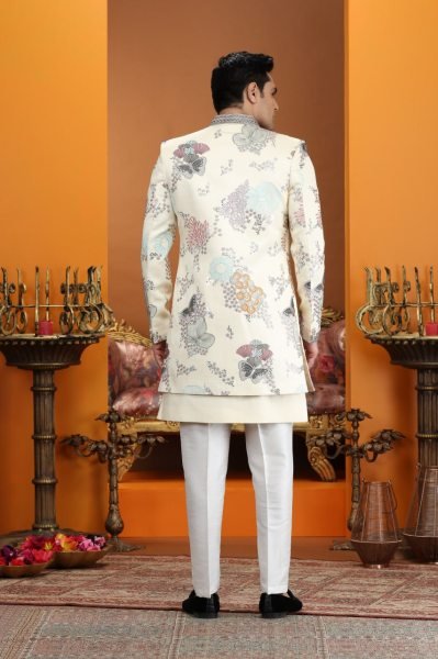 Artistic Off White Elegant Party Wear Suit Set with Designer Button Work Detailing Kurta Pajama Wholesale