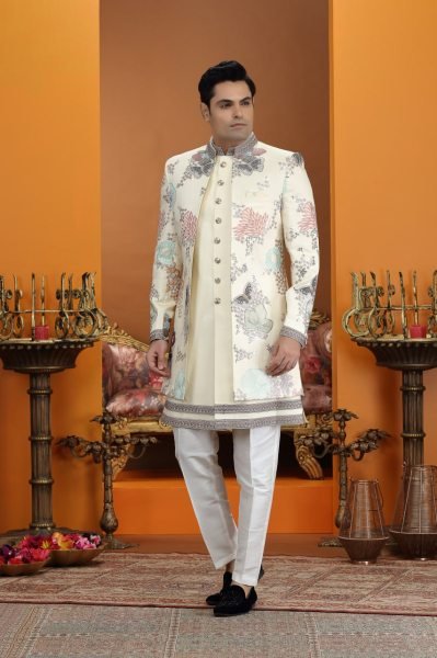 Artistic Off White Elegant Party Wear Suit Set with Designer Button Work Detailing Kurta Pajama Wholesale