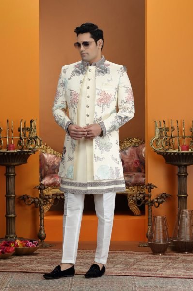 Artistic Off White Elegant Party Wear Suit Set with Designer Button Work Detailing Kurta Pajama Wholesale