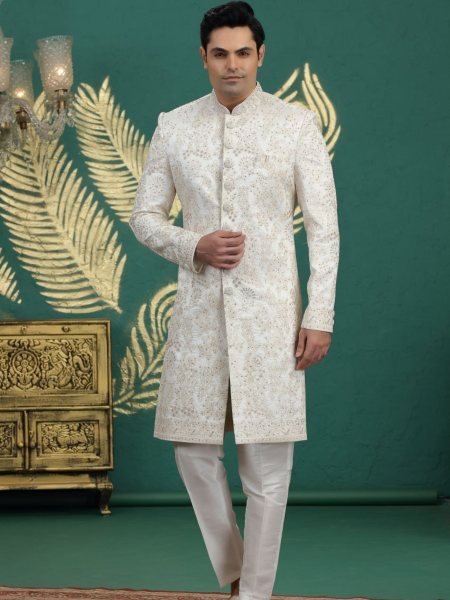 Artistic Off White Premium Festive Wear Banarasi Kurta with Rich Royal Look Mens Wear