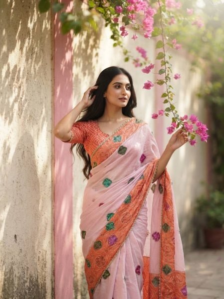 Artistic Orange Space Silk Bandhej Print Saree with Running Blouse at Wholesale Rate Silk Sarees Wholesale