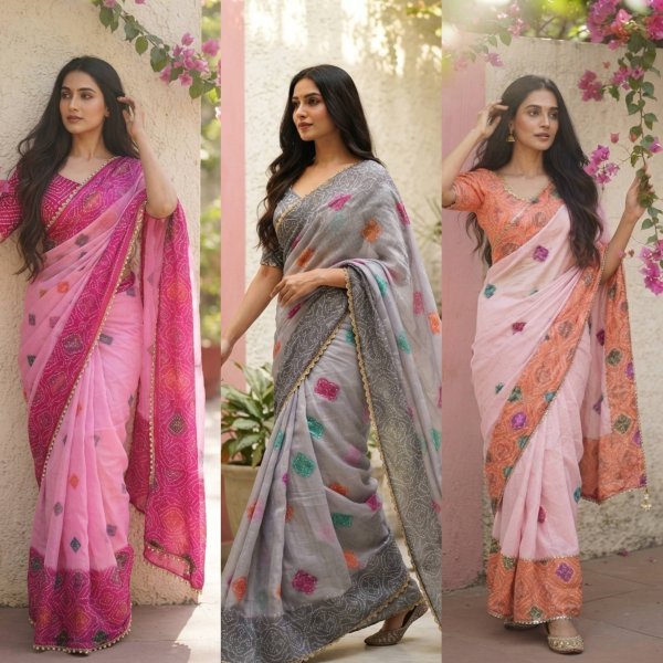 Artistic Orange Space Silk Bandhej Print Saree with Running Blouse at Wholesale Rate Silk Sarees Wholesale