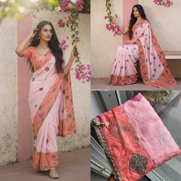Artistic Orange Space Silk Bandhej Print Saree with Running Blouse at Wholesale Rate Silk Sarees Wholesale