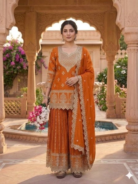Artistic Orange Stylish Sharara Plazzo Set for Women Party Wear Collection Ready To Wear Collection