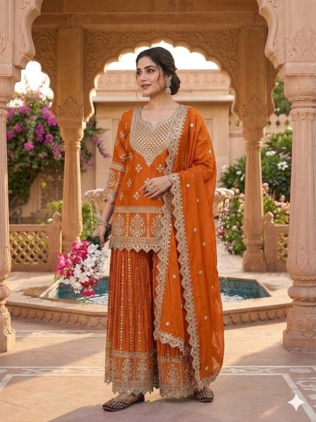 Artistic Orange Stylish Sharara Plazzo Set for Women Party Wear Collection Ready To Wear Collection
