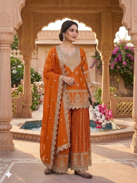 Artistic Orange Stylish Sharara Plazzo Set for Women Party Wear Collection Ready To Wear Collection