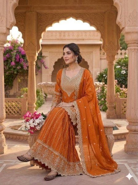 Artistic Orange Stylish Sharara Plazzo Set for Women Party Wear Collection Ready To Wear Collection