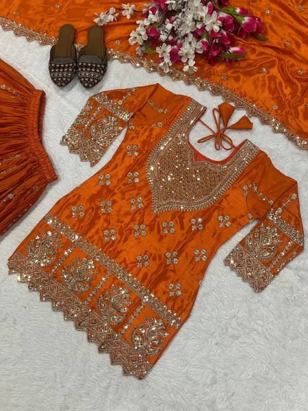 Artistic Orange Stylish Sharara Plazzo Set for Women Party Wear Collection Ready To Wear Collection