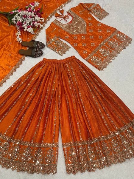 Artistic Orange Stylish Sharara Plazzo Set for Women Party Wear Collection Ready To Wear Collection